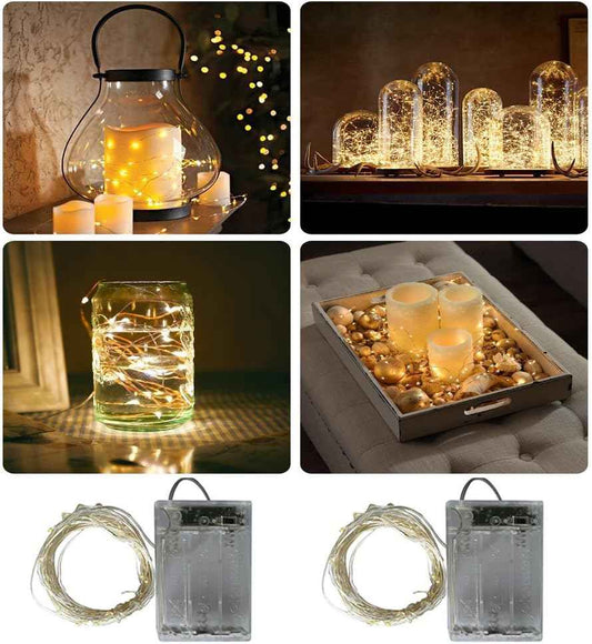 LUMIO Minimalist Silver Wire Fairy Lights 2-Pack – Understated Warm White LED String Lights for Clean Modern Bedroom, Battery Powered 6.6ft Set