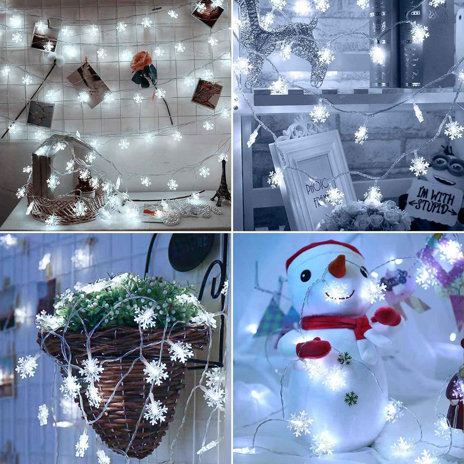 BrizLabs Snowflake LED String Lights – Minimalist Home Decor, Clean Cool White Battery Operated 16ft Lights