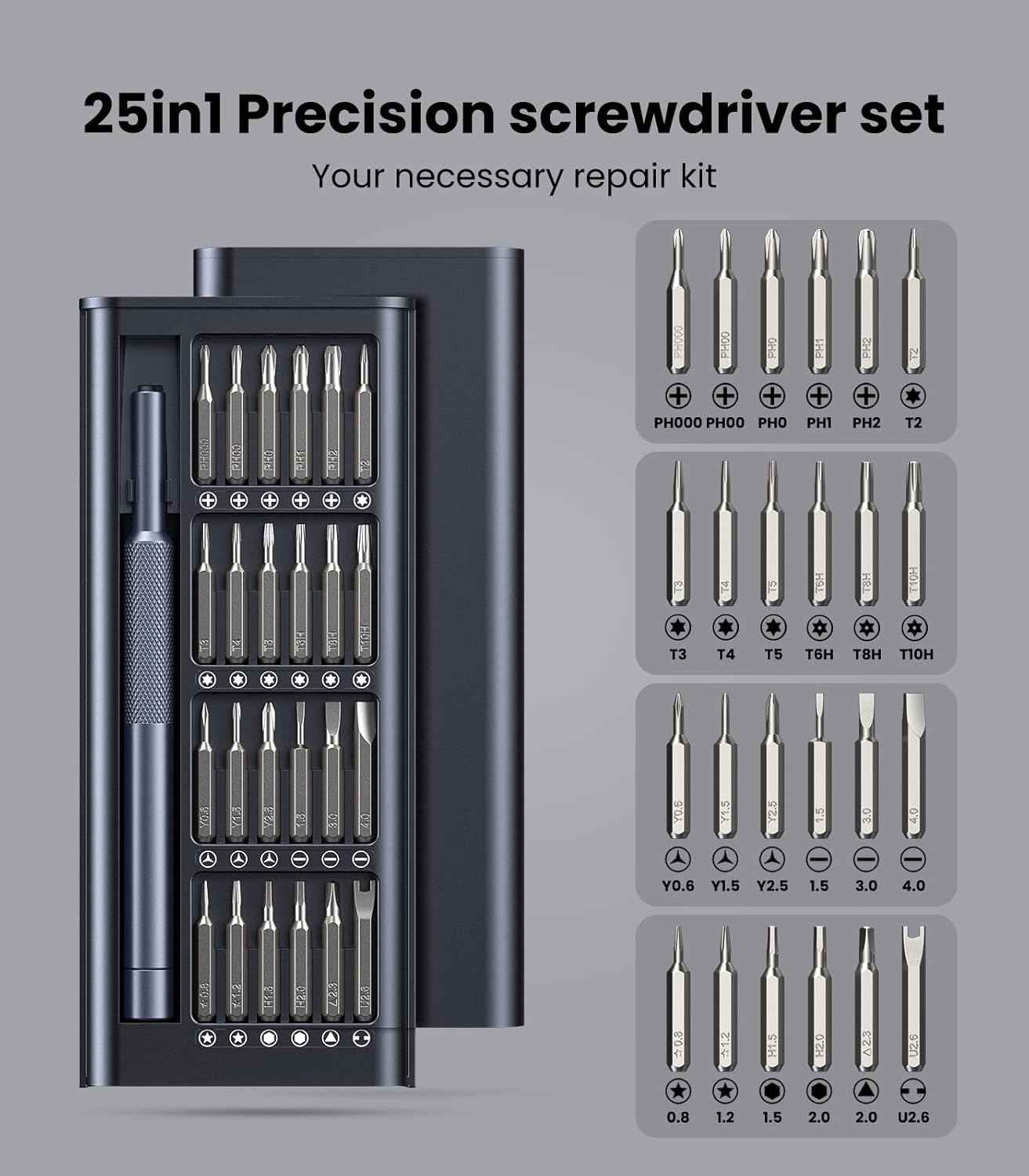 AXTH 25-in-1 Screwdriver Set – Minimalist Repair Tool with Slim Profile and Labeled Bits