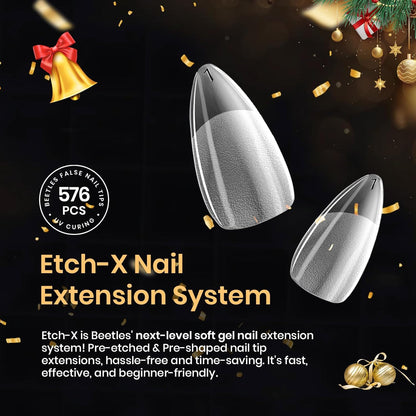 Beetles Gel Nail Tips 576Pcs Pre-shape Short Almond Etch-X Nail Tips – Clean Half-Matte Press-On Nails, 12 Sizes for an Uncluttered Nail Station