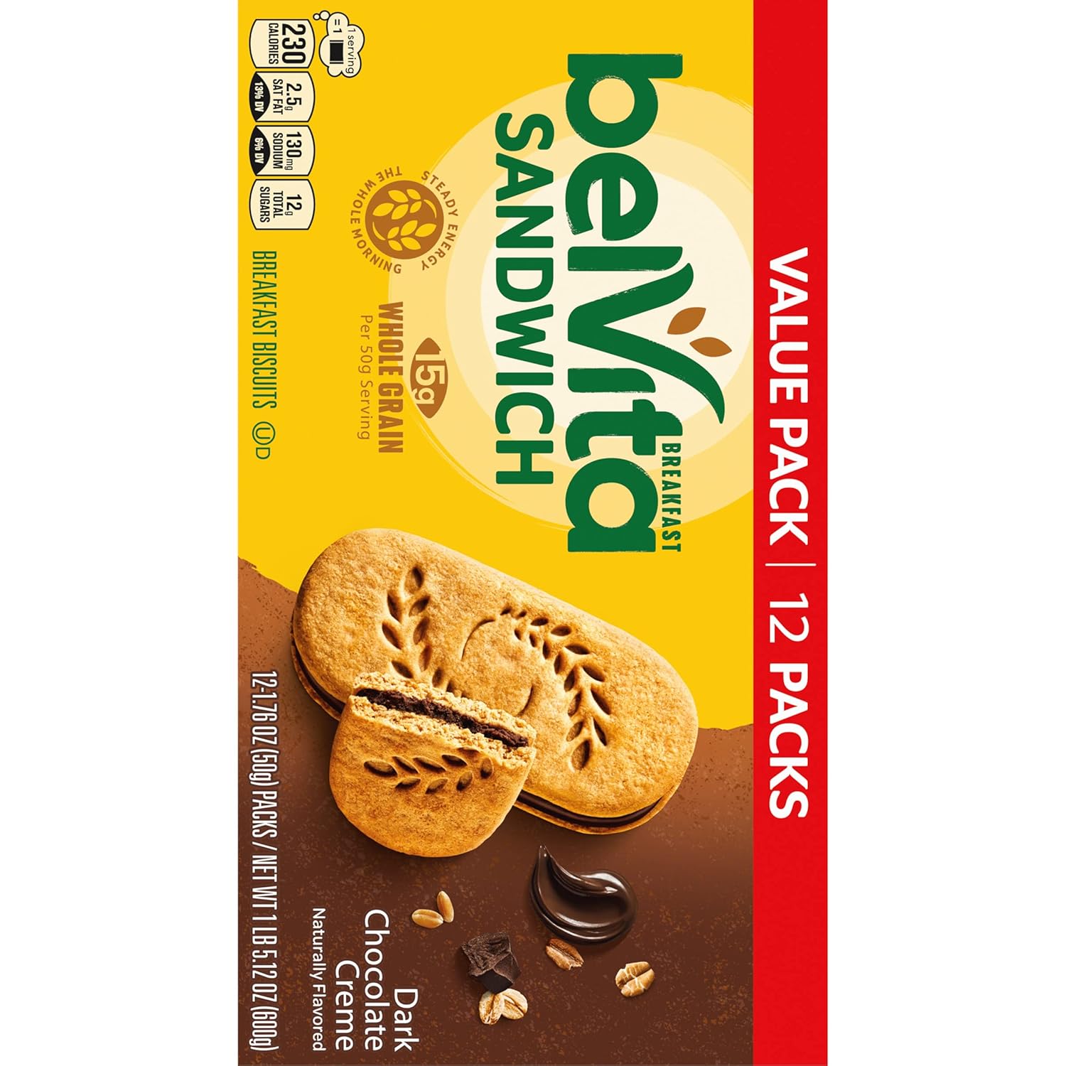 belVita Dark Chocolate Creme Sandwiches – Commute-Friendly Steady Energy for Busy Workdays, 12-Pack Value Box