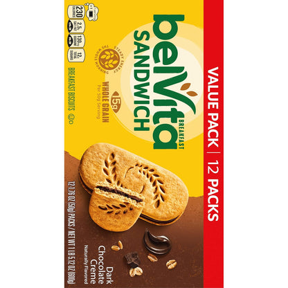 belVita Dark Chocolate Creme Sandwiches – Commute-Friendly Steady Energy for Busy Workdays, 12-Pack Value Box
