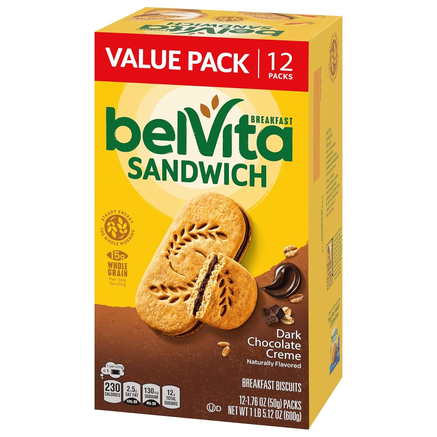 belVita Dark Chocolate Creme Sandwiches – Commute-Friendly Steady Energy for Busy Workdays, 12-Pack Value Box