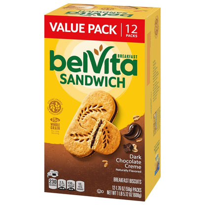 belVita Dark Chocolate Creme Sandwiches – Commute-Friendly Steady Energy for Busy Workdays, 12-Pack Value Box