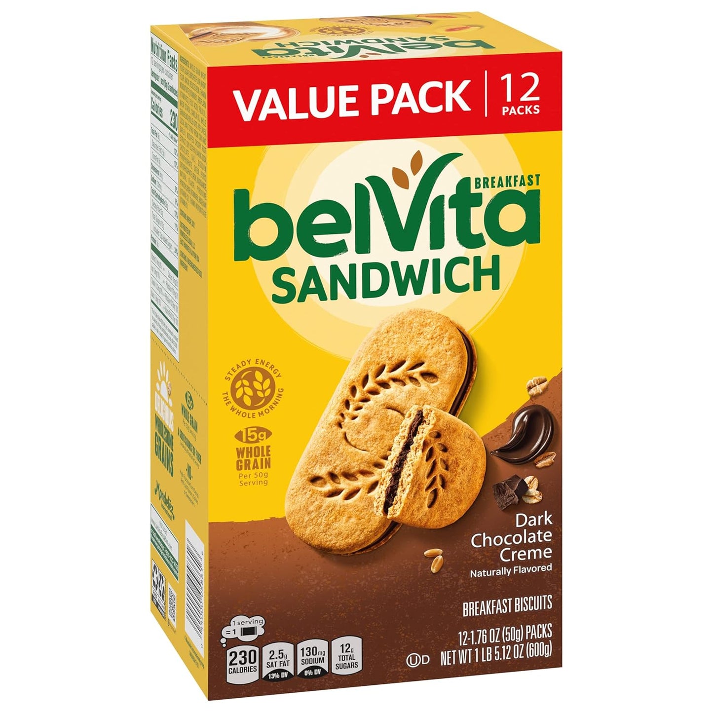 belVita Dark Chocolate Creme Sandwiches – Commute-Friendly Steady Energy for Busy Workdays, 12-Pack Value Box