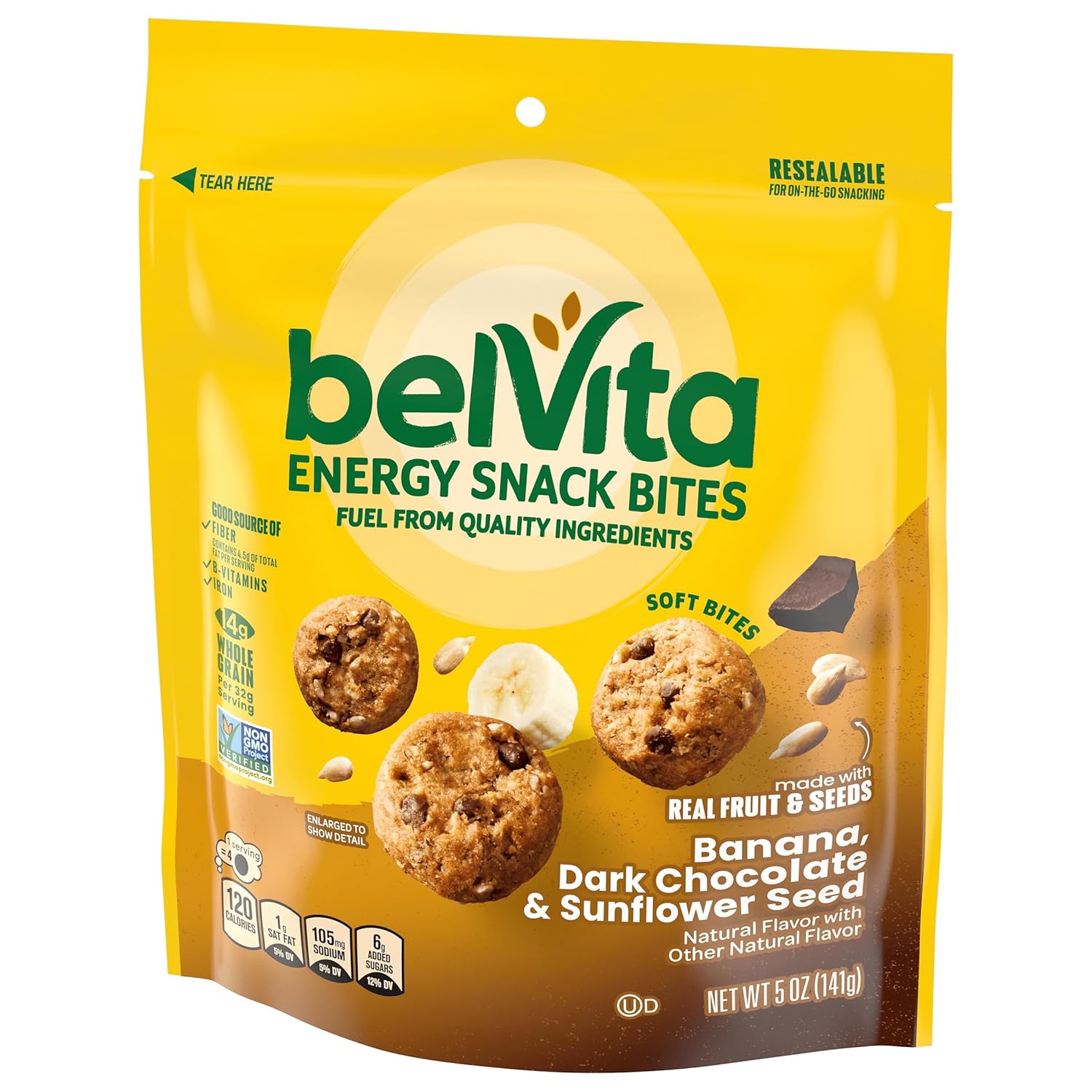 belVita Energy Snack Bites Banana Dark Chocolate – Portable Hiking Trail Snack with Sustained Energy, 5 oz Pouch