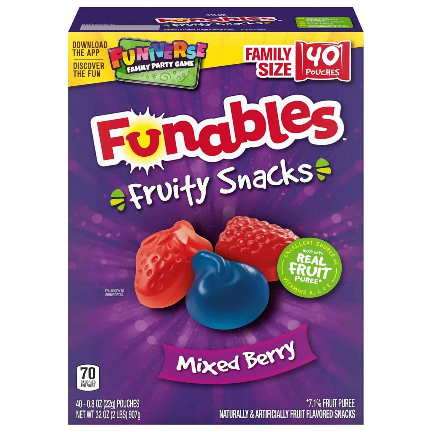Funables Fruity Snacks, 70 Calorie Mixed Berry Pouches for Calorie Counting and Weight Management