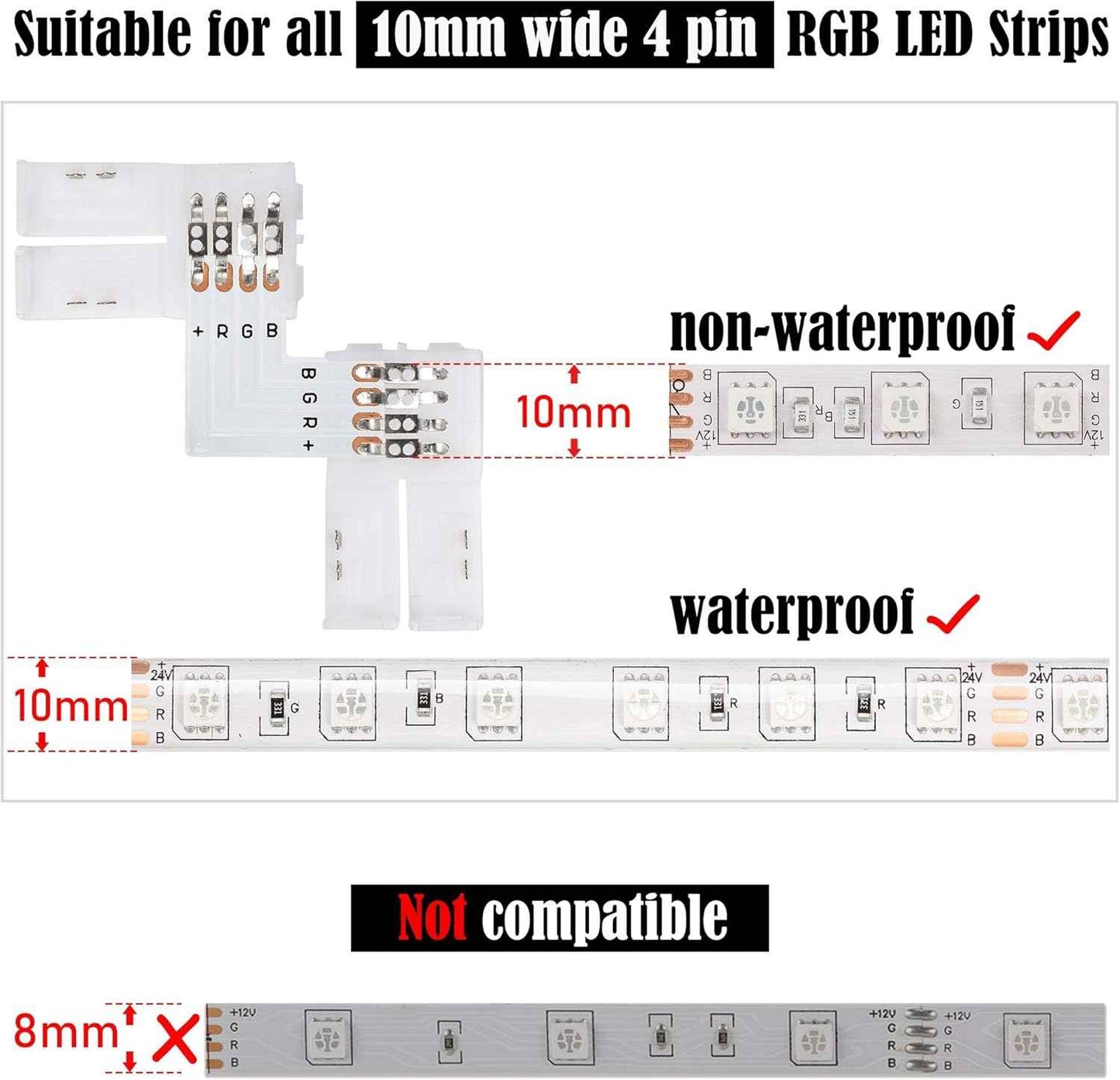 JACKYLED Solderless LED Strip Connectors for Kid-Safe Bedroom and Play Area RGB Lighting, No Iron Required