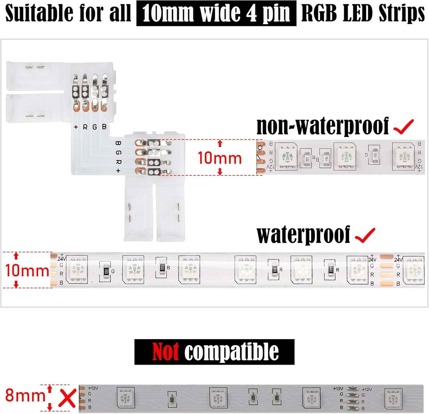 JACKYLED Solderless LED Strip Connectors for Kid-Safe Bedroom and Play Area RGB Lighting, No Iron Required