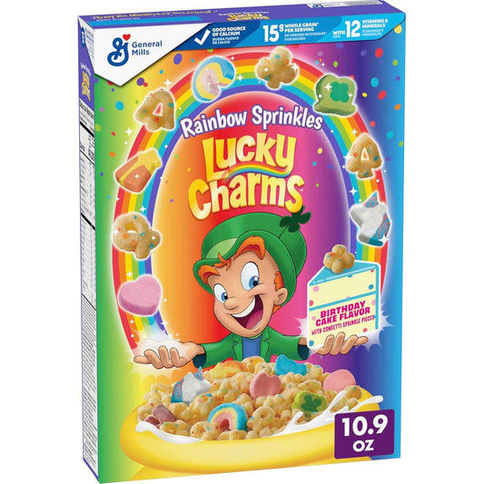 Lucky Charms Rainbow Sprinkles Birthday Cake Cereal with Marshmallows – Fun Kids Breakfast Cereal for the Family Table, 10.9 oz