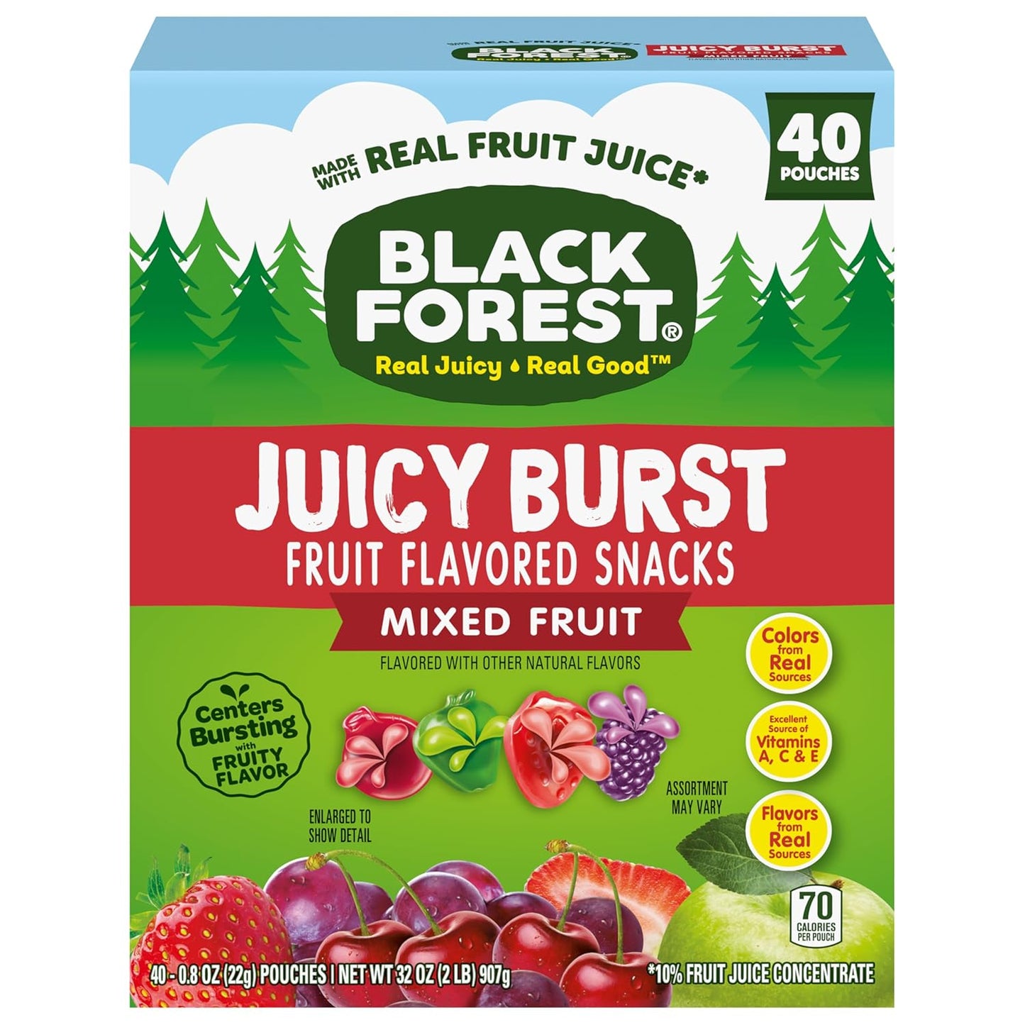 Black Forest Juicy Burst Gummy Snacks for School Lunches – Real Fruit Juice Pouches, Allergy-Friendly Treat, 40 ct