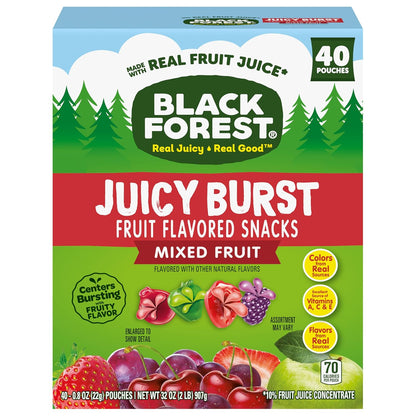Black Forest Juicy Burst Gummy Snacks for School Lunches – Real Fruit Juice Pouches, Allergy-Friendly Treat, 40 ct