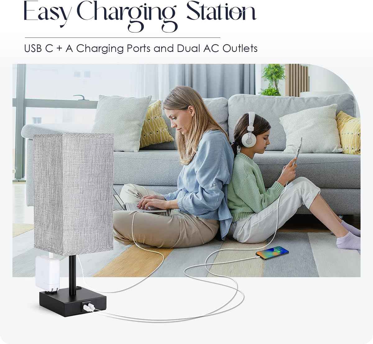 Soilsiu Fabric Shade Bedside Lamp with USB-C and AC Outlets, Stylish Nightstand Light for Modern Living Rooms