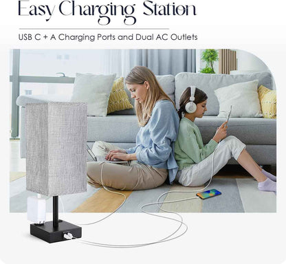 Soilsiu Fabric Shade Bedside Lamp with USB-C and AC Outlets, Stylish Nightstand Light for Modern Living Rooms