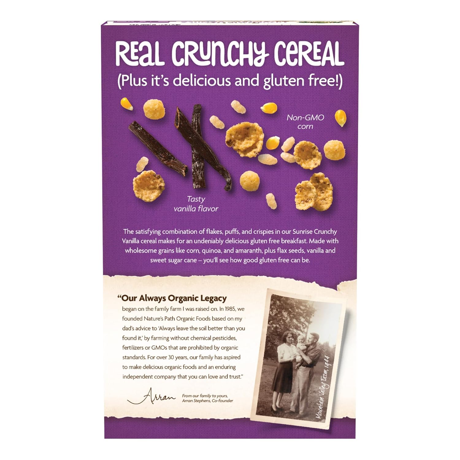 blend of crispy rice puffs, corn, quinoa, buckwheat, and flax