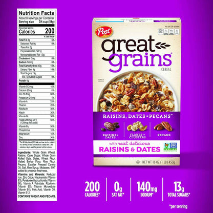 Great Grains Raisin Date Pecan Breakfast Cereal – Fiber Rich Non-GMO Cereal for Cholesterol Conscious Adults, 16 oz
