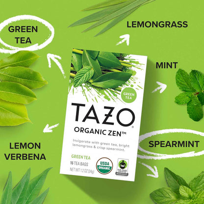 TAZO Organic Zen Green Tea Bags – Stress-Relief Herbal Blend for Bath Time Meditation Corner