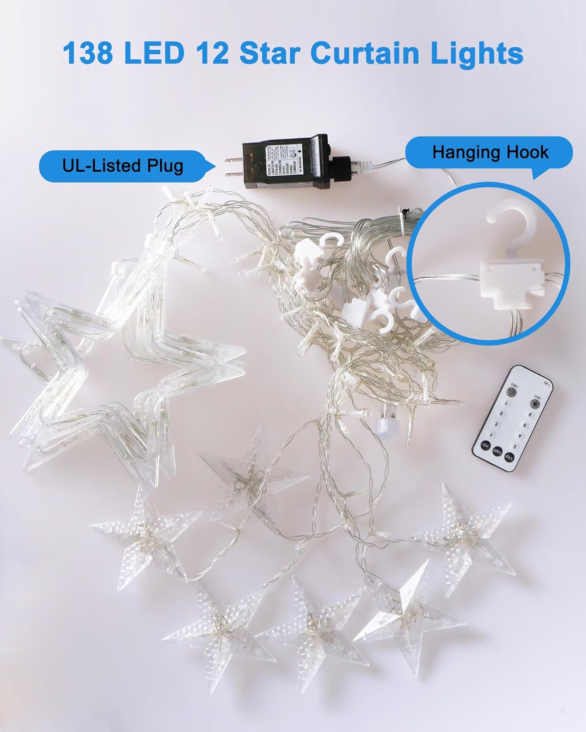 Blingstar Star Curtain Lights 138 LED 12 Star 30V UL Certified Low Voltage Flameless Christmas Lights 8.2 Ft for Safe Indoor Use Around Kids and Pets