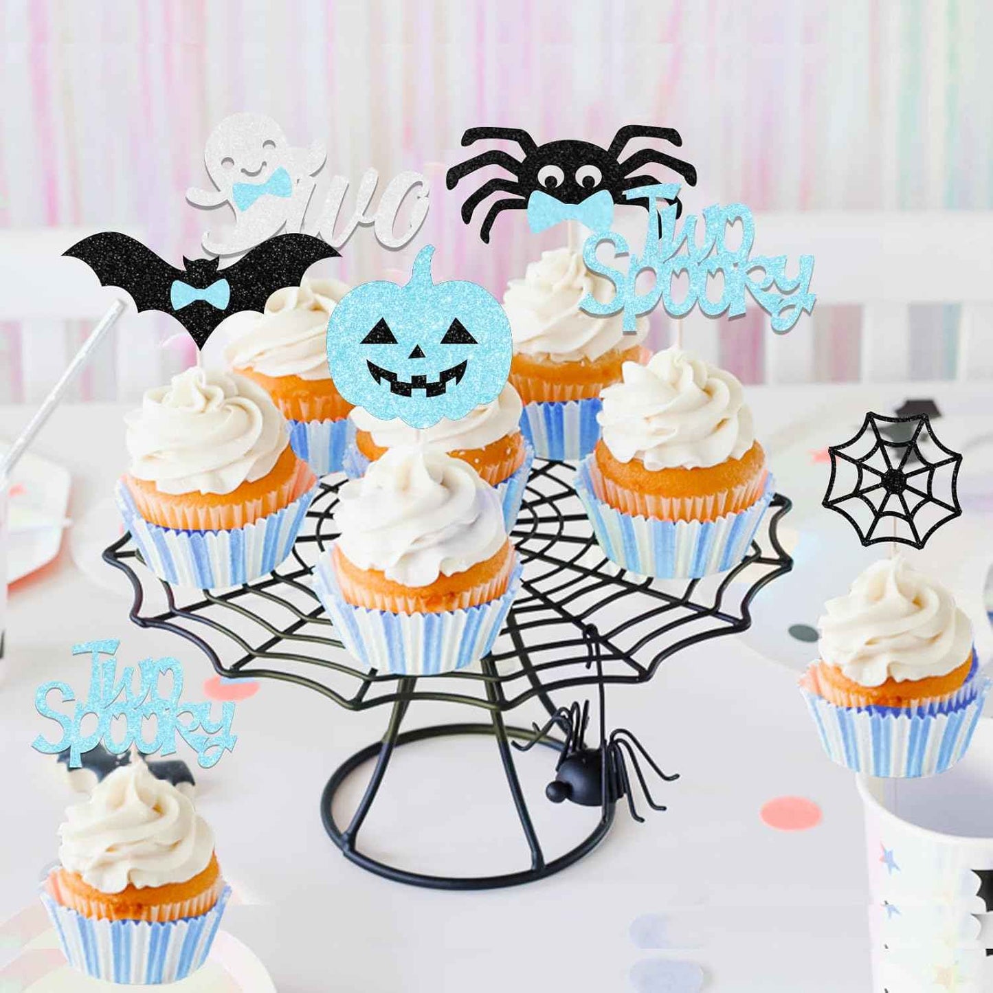Halloween Birthday Party Favor Gift for 2 Year Old Boy, 36Pcs Two Spooky Blue Black Cupcake Toppers Ready to Gift for Grandma Aunt Family Celebration