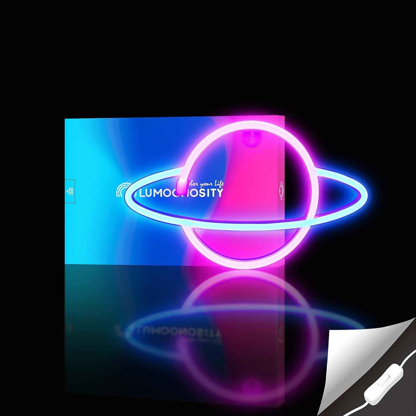Lumoonosity Saturn Neon Sign - Blue Pink LED Wall Light for Bedroom Aesthetic, Planet Shaped Room Decor with USB Power and On/Off Switch