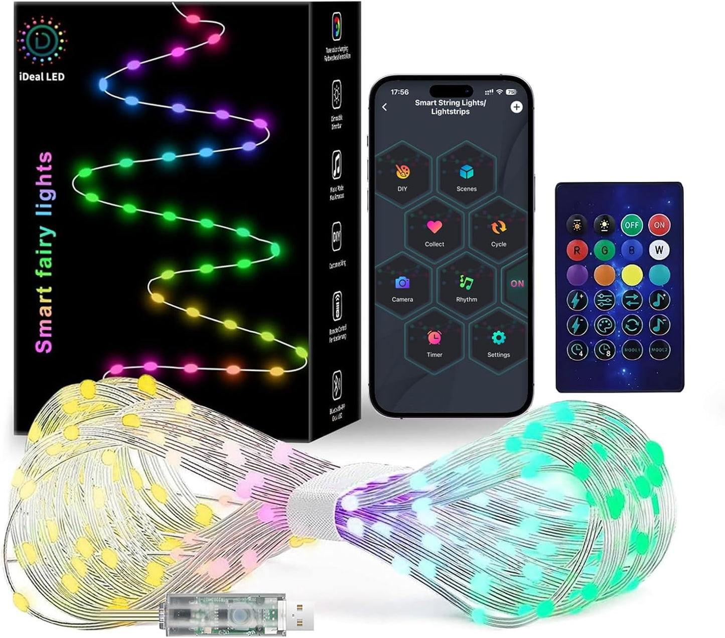 bluetooth app control (ios/android) plus included ir remote for on/off, dimming, mode, and brightness