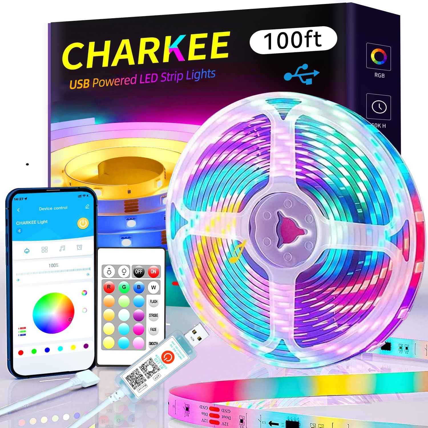 CHARKEE LED Strip Lights for Wind Down Routine, Dimmable Music Sync RGB Light Strip for Bedroom Meditation and Sleep, App Timer Bluetooth
