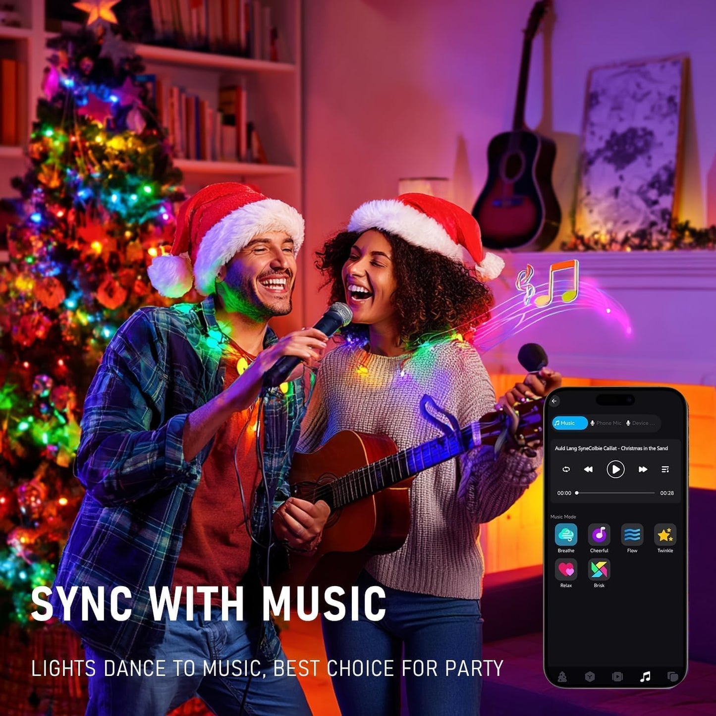 bluetooth app with group control, diy customization, scene settings, music sync, microphone mode, timers, and looping playback