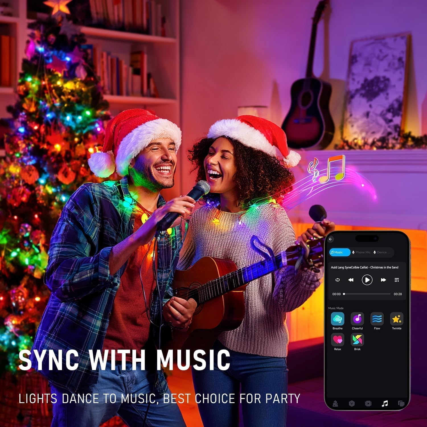 bluetooth app with group control, diy customization, scene settings, music sync, microphone mode, timers, and looping playback