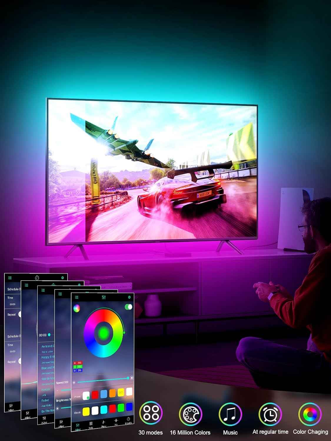 GIPOYENT TV LED Light Strip - Cool Tech Gift for Men and Gamers, RGB Backlight for 35-85 Inch TVs with Bluetooth App