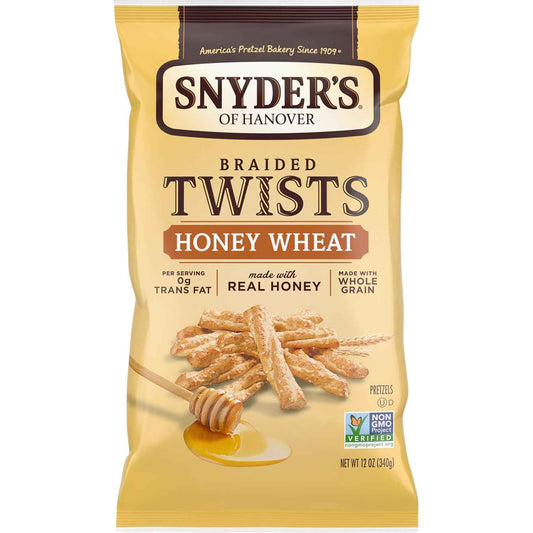 Snyder's of Hanover Honey Wheat Braided Pretzel Twists – Guilt-Free Pantry Snack with 2g Fat, 12 oz Bag