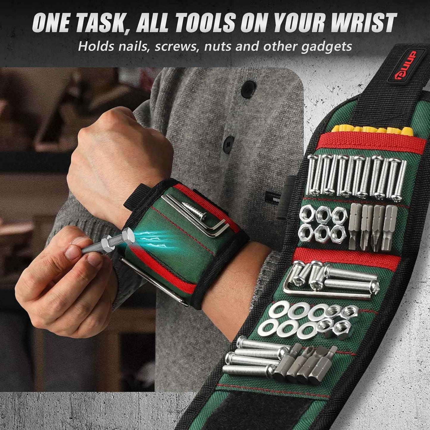 Magnetic Wristband with LED Light – Hands-Free Tool Holder for Overhead and Ladder Work, Rechargeable Wrist Light for Mechanics