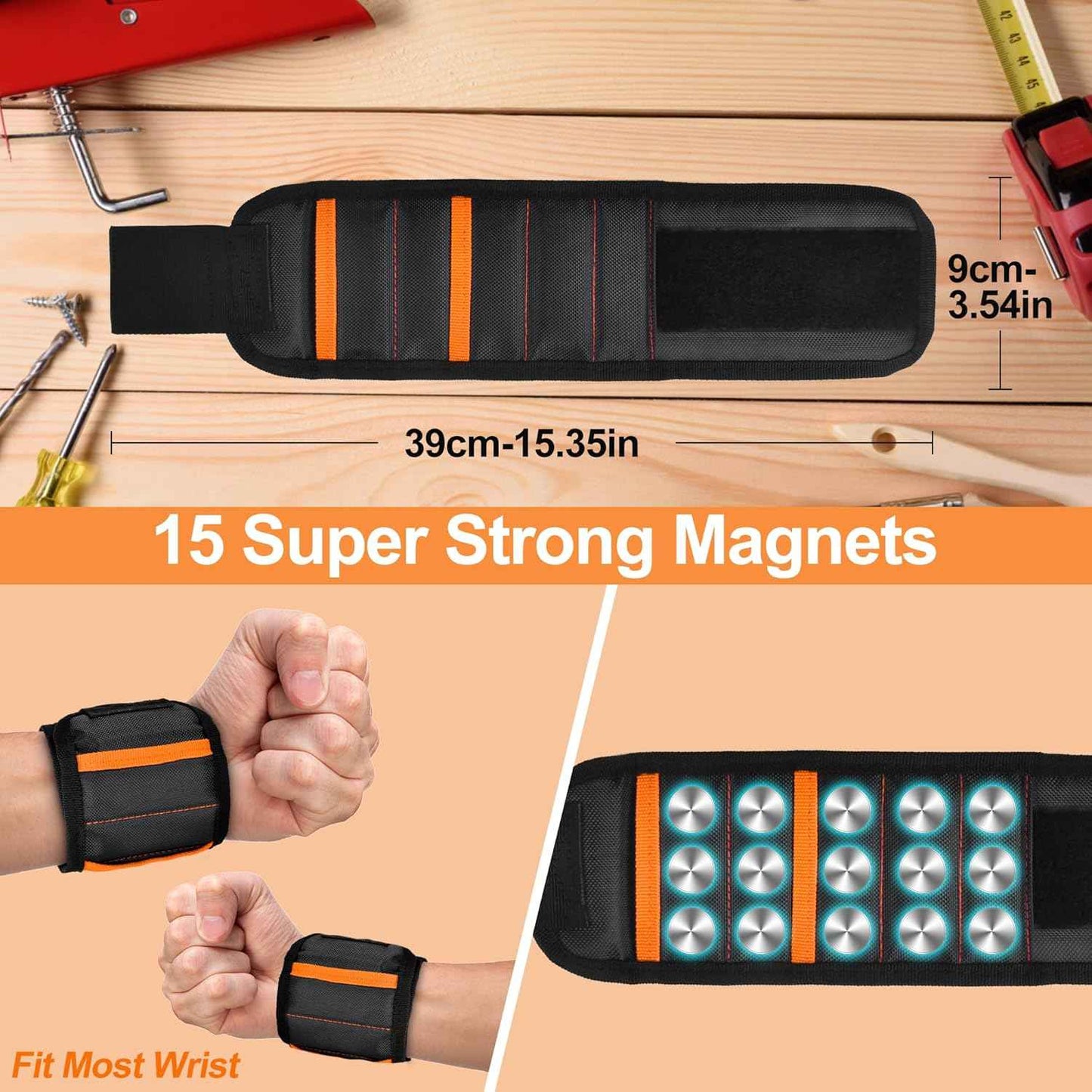 Tmacker Magnetic Wristband – Portable Tool Holder for Camping Hiking and Backyard Projects, 15 Magnets and Adjustable Strap