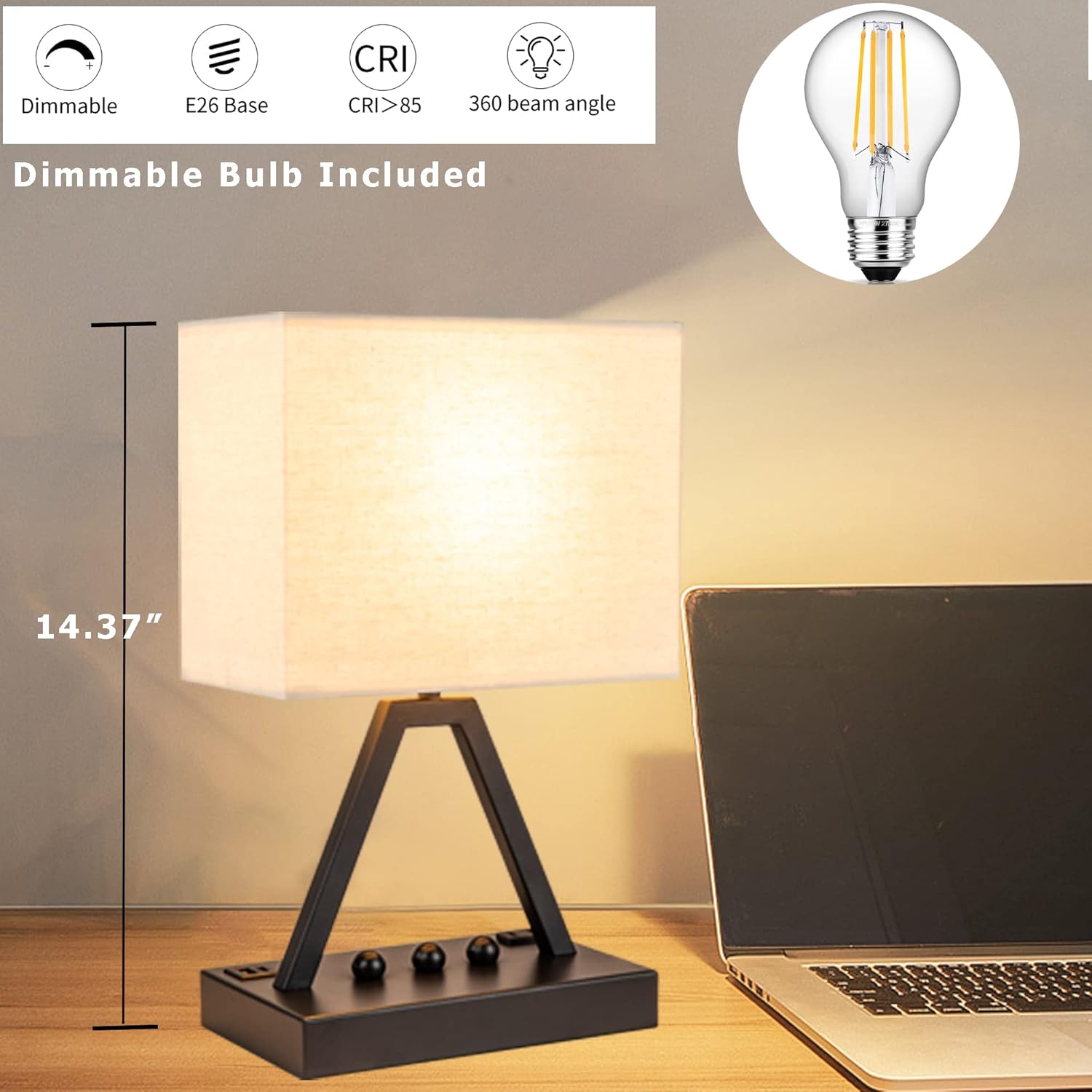 Briever 3-Way Dimmable Bedside Lamp – Thoughtful Housewarming Gift for Women and Men, Nightstand Lamp with USB C Port and AC Outlet