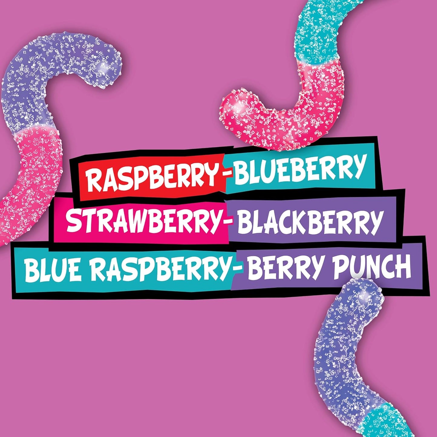 brightly colored worm-shaped gummies with playful, eye-catching presentation