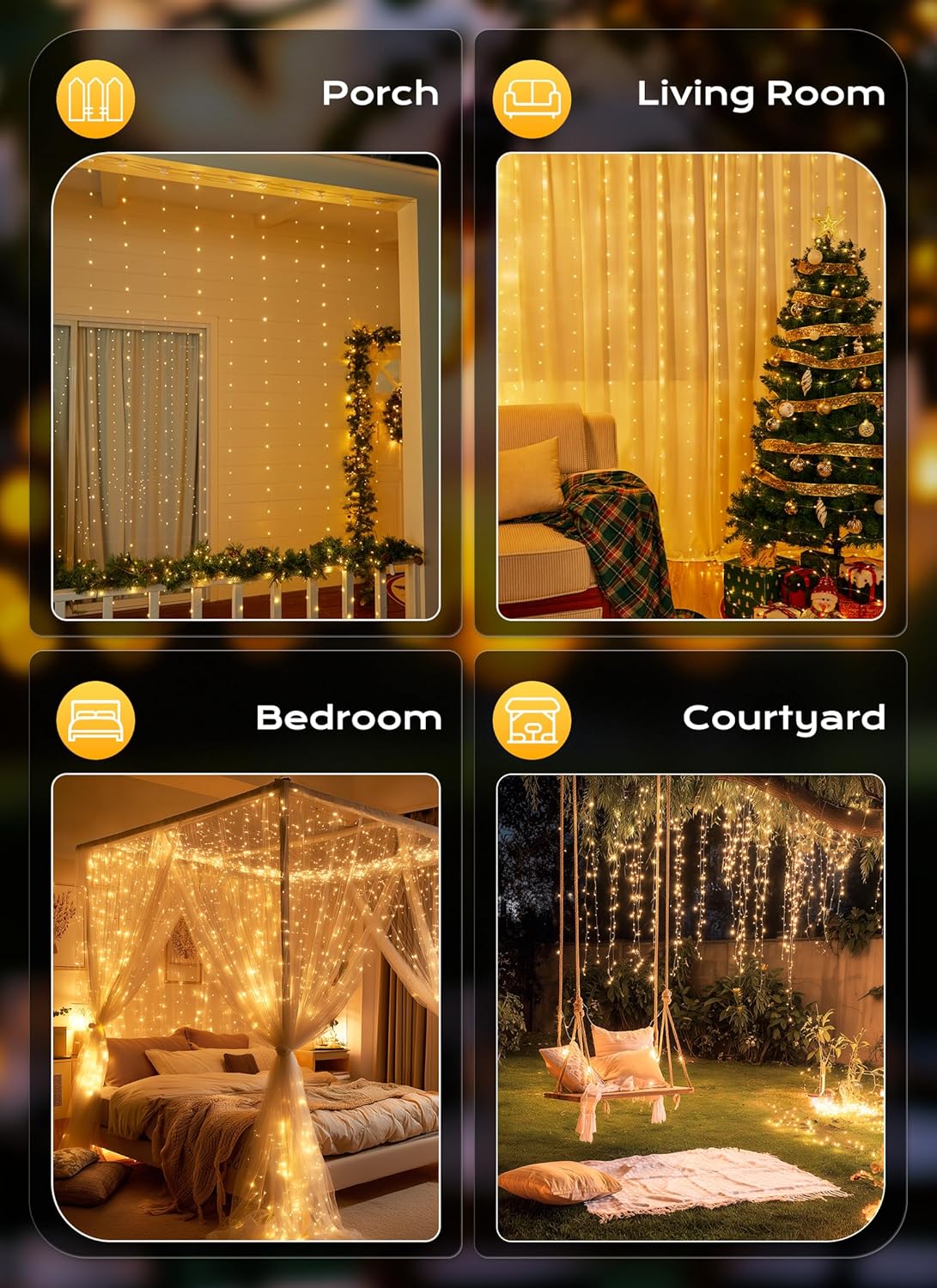 Brightown 300 LED Fairy Curtain Lights, Flameless and Cool to the Touch 5V USB Low Voltage String Lights with 6h Auto Off Timer for Bedroom