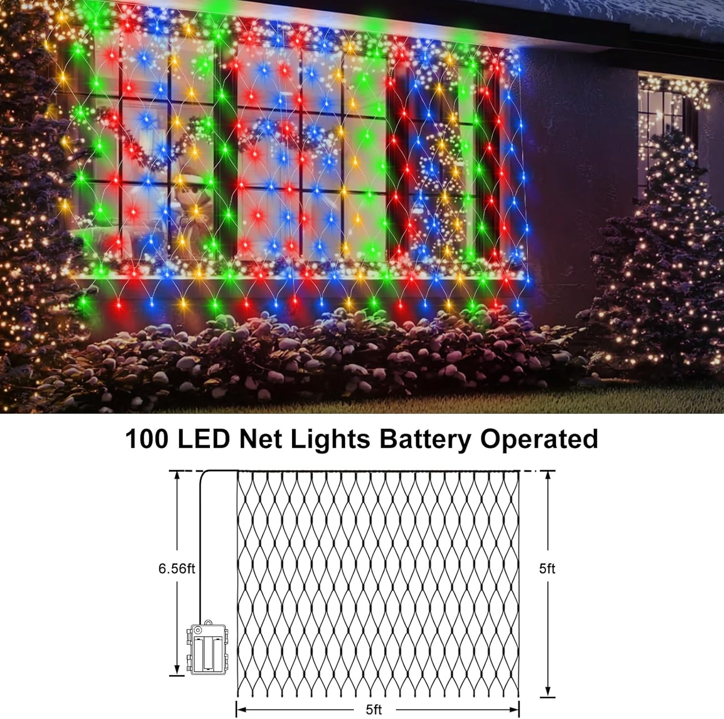 Brightown Battery Operated Bush Net Lights 100 LED 5ft x 5ft – Waterproof Outdoor Garden and Backdrop Lighting with Remote Timer