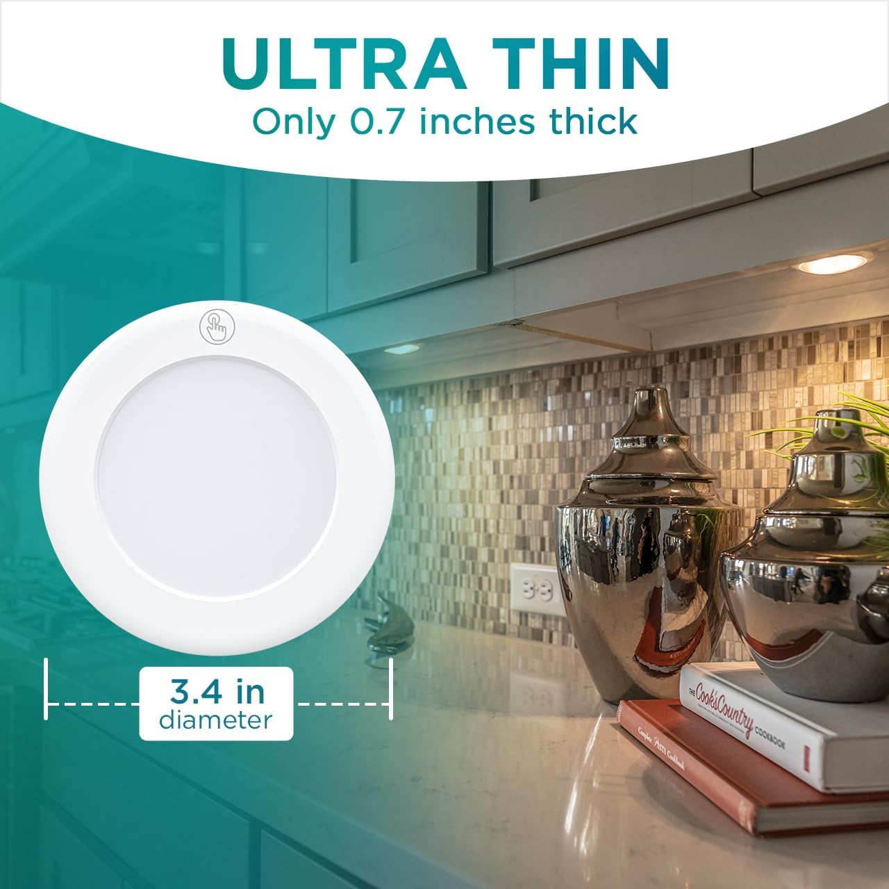 Brilliant Evolution Ultra Thin Touch Puck Lights – Focused Task Lighting for Home Office Desk and Bookshelf, Pack of 2