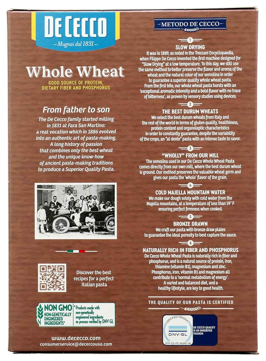 De Cecco Whole Wheat Fusilli – Single-Ingredient Italian Pasta for Intentional Pantry Staples