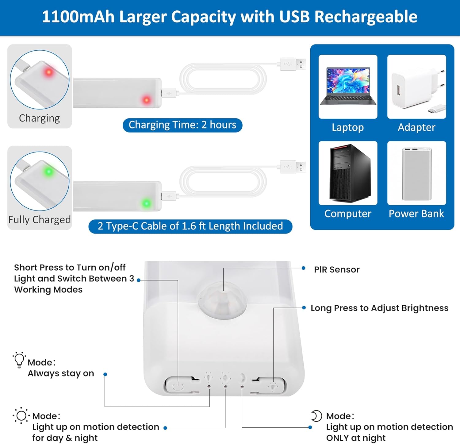 built-in 1100mah rechargeable battery with usb-c port, full charge in 2 hours