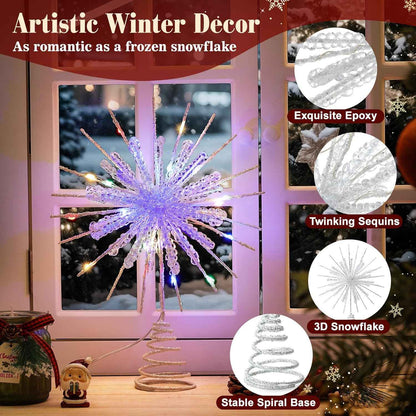 Lewondr Snowflake Tree Topper – Cozy Christmas Bedroom Decor, 12.2in Lighted Xmas Topper with Glittered Epoxy Finish