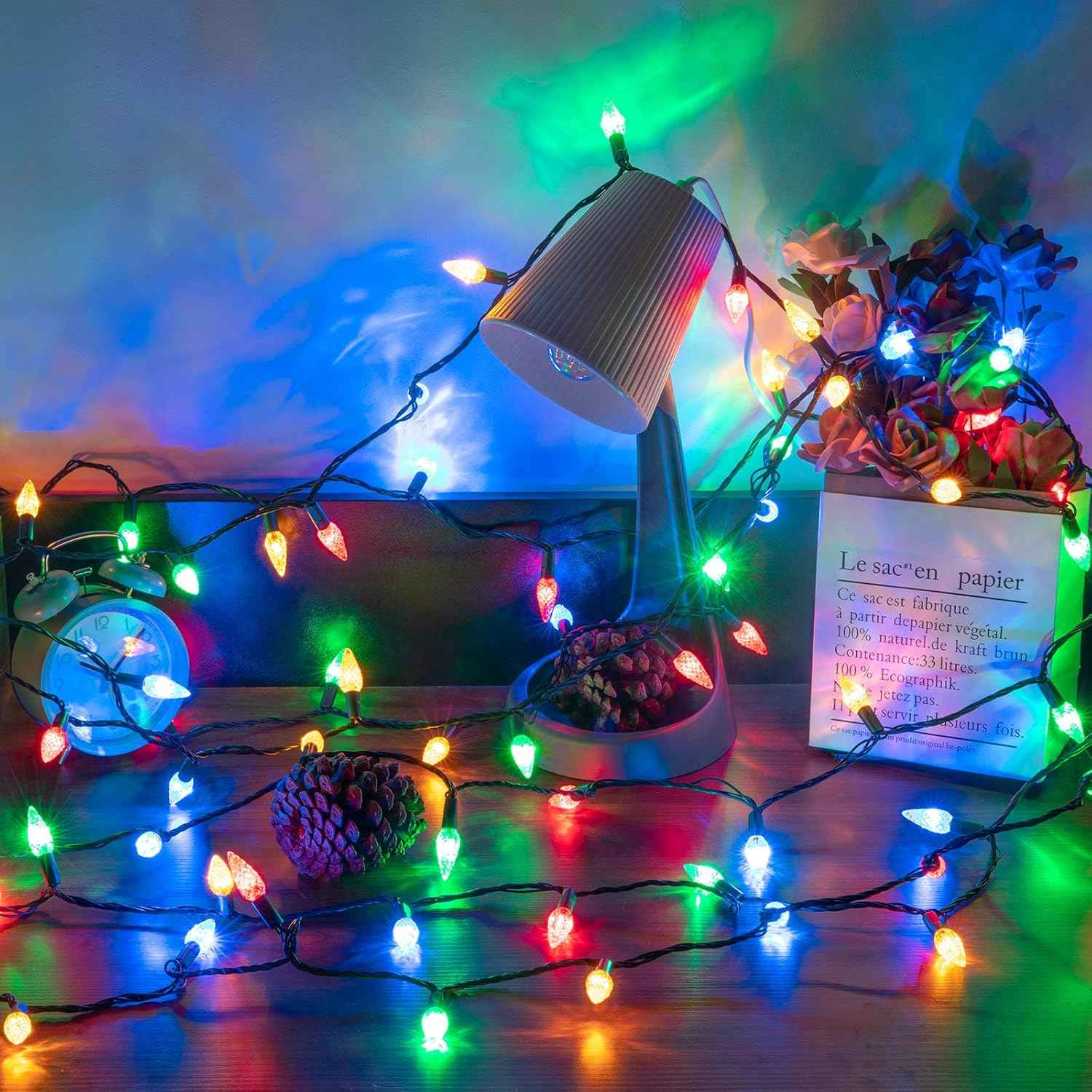 AWQ 200 LED C6 String Lights – Flameless, Cool to Touch Indoor Lights Safe for Kids, Pets & Bedrooms, 30V Low Voltage