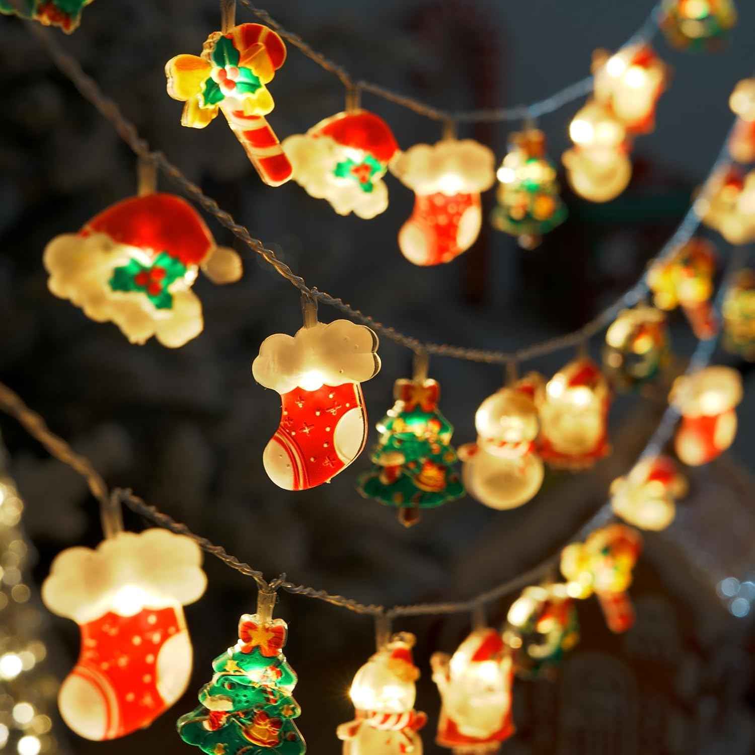 LOLStar Christmas Fairy Lights – Cozy Bedroom String Lights with Santa and Snowman Charms, Battery Operated for Mantel and Windows
