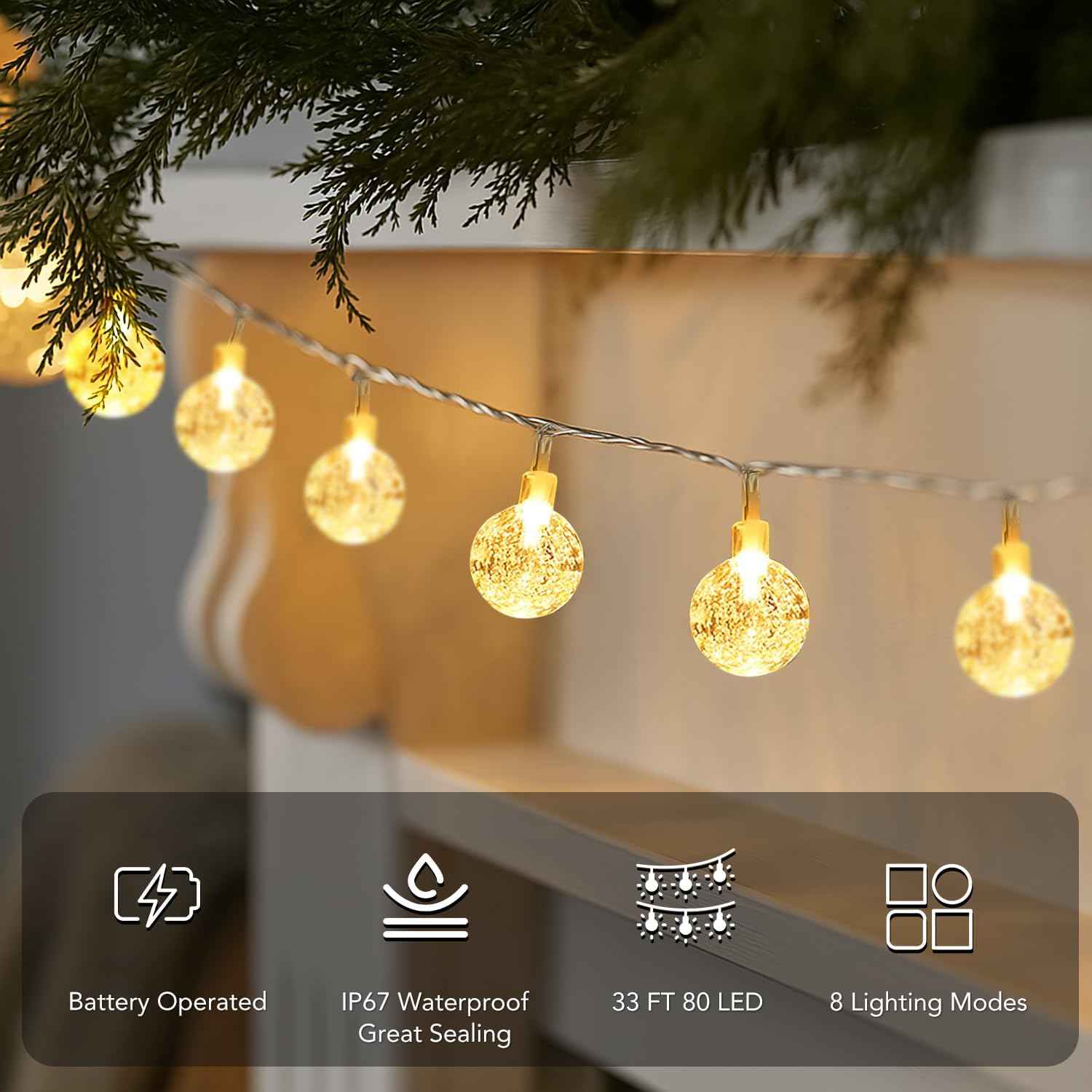 Metaku Globe Fairy Lights Battery Operated Waterproof IP67 Outdoor String Lights for Patio Garden and Backyard Pathway 33ft Warm White