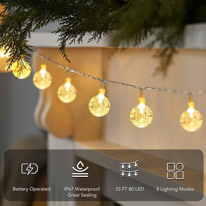 Metaku Globe Fairy Lights Battery Operated Waterproof IP67 Outdoor String Lights for Patio Garden and Backyard Pathway 33ft Warm White