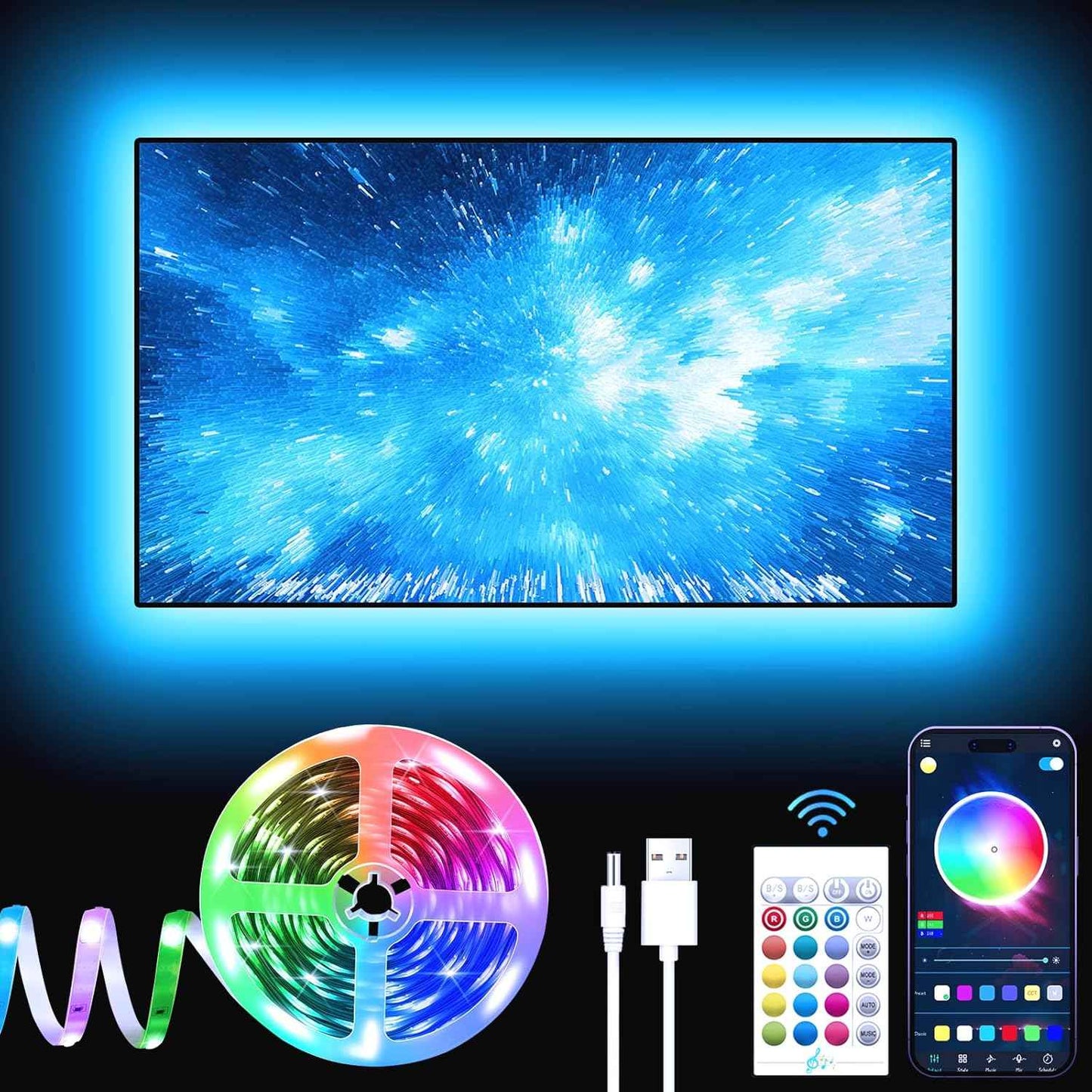 GIPOYENT TV LED Light Strip - Cool Tech Gift for Men and Gamers, RGB Backlight for 35-85 Inch TVs with Bluetooth App