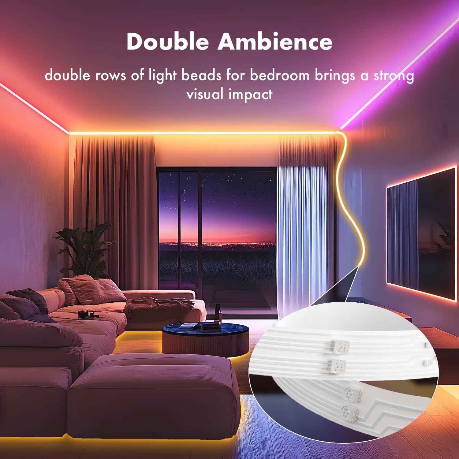 Lumify LED Strip Lights – 100ft Double Row RGB Bedroom Decor with Music Sync and App Control for Modern Living Spaces