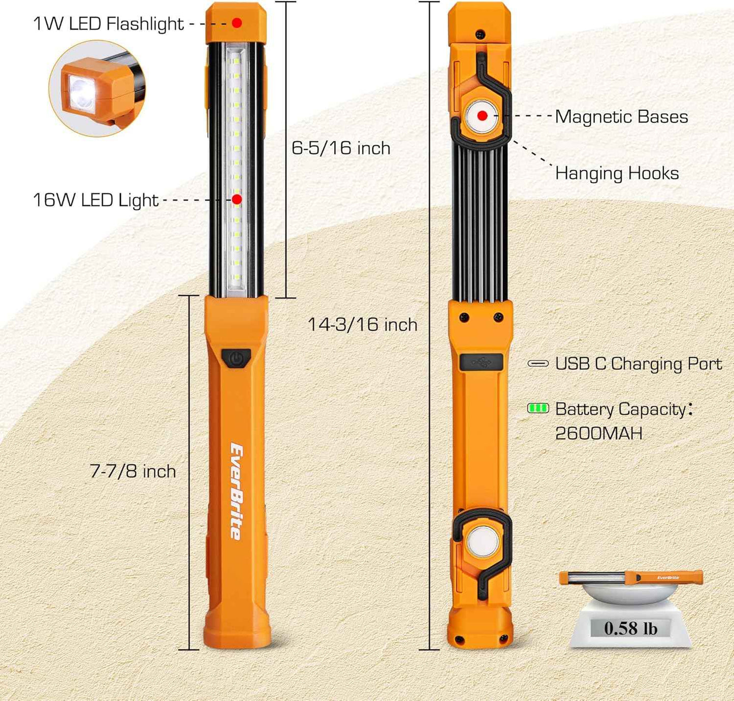 EverBrite Rechargeable Work Light – Smoke-Free Storm Safety Light, 14.5-Hour Runtime with Magnetic Base for Basement Shelter