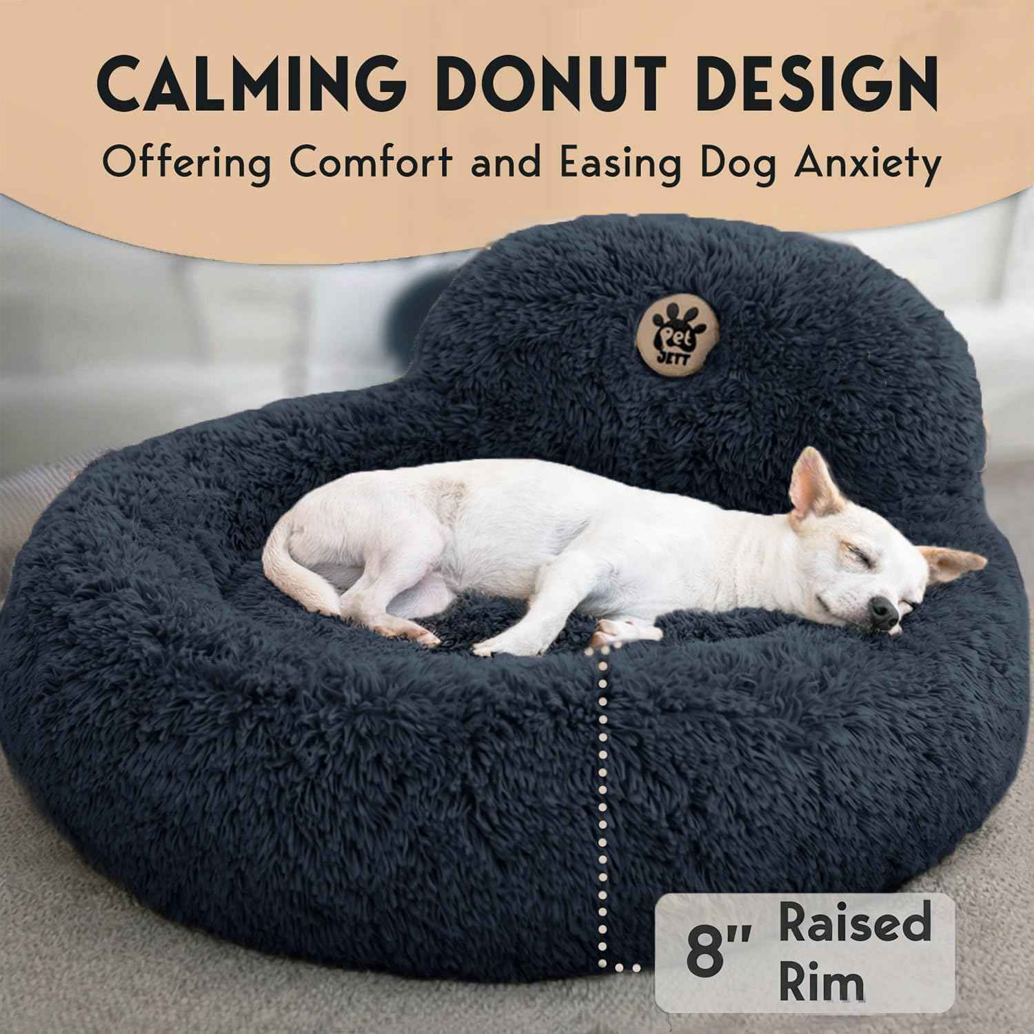 PetJett Calming Dog Bed Medium – Donut Round Anti-Anxiety Bed for Corgis, Frenchies & Beagles, Soothing Nightly Sleep Nest