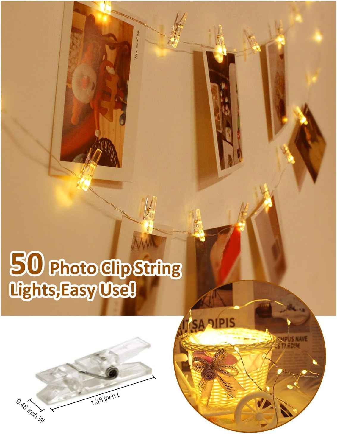 LECLSTAR Photo Clip String Lights – Cozy Bedroom Decor with 100 Warm White LEDs and 50 Clear Clips for Polaroid Displays