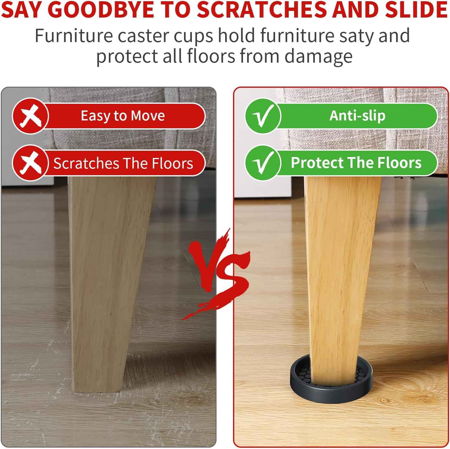 Ezprotekt Anti Skid Furniture Coasters for Elderly Bedroom, 2" Rubber Bed Stoppers That Prevent Shifting on Hardwood